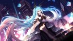  1girl aqua_eyes aqua_hair bison_cangshu building commentary_request forever_7th_capital hairband hatsune_miku highres holding long_hair looking_at_viewer microphone_stand music pleated_skirt singing skirt skyscraper solo thigh-highs twintails vocaloid zettai_ryouiki 