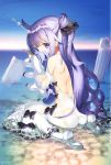  1girl ahoge azur_lane bare_back clouds cloudy_sky commentary_request detached_sleeves doll_hug dress from_behind hair_bun highres horizon long_hair looking_at_viewer looking_back nakamura_takeshi ocean one_side_up purple_hair shallow_water side_bun sitting sky solo stuffed_animal stuffed_pegasus stuffed_toy stuffed_unicorn thigh-highs twilight unicorn_(azur_lane) violet_eyes wariza wet wet_clothes white_dress white_legwear 