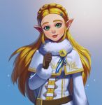  1girl blonde_hair fur_trim gloves green_eyes long_hair looking_at_viewer mella pointy_ears princess_zelda smile solo the_legend_of_zelda the_legend_of_zelda:_breath_of_the_wild winter_clothes 