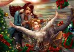  2girls artist_name black_hair black_pants blonde_hair blue_coat blue_eyes boots bow box breasts brown_eyes brown_hair candy candy_cane christmas christmas_lights christmas_tree coat commentary dark_skin deviantart_username eye_of_horus facial_mark facial_tattoo food gift gift_box hair_tubes interracial long_hair long_sleeves medium_breasts mercy_(overwatch) multiple_girls nose one_eye_closed open_clothes open_coat open_mouth overwatch pants parted_lips peppermint pharah_(overwatch) raphire red_bow red_lips shirt shopping shopping_cart short_hair side_braids sweater tattoo thigh-highs thigh_boots turtleneck turtleneck_sweater watermark web_address white_shirt white_sweater winter wrapped_candy 