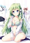  1girl black_legwear black_socks blue_eyes blush bottomless bra character_doll drawer frills frog green_hair hair_accessories hakurei_reimu kochiya_sanae long_hair miyase_mahiro panties snake socks striped touhou 