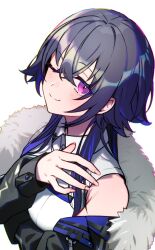  1girl armpit_crease black_hair black_jacket crossed_bangs fur-trimmed_jacket fur_trim head_tilt highres ichinose_uruha ichinose_uruha_(4th_costume) jacket looking_at_viewer multicolored_hair one_eye_closed portrait shirt simple_background single_bare_shoulder single_off_shoulder sleeveless sleeveless_shirt smile solo streaked_hair violet_eyes virtual_youtuber vspo! white_background white_shirt wolf_cut yuura 