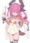 1girl :d apron armor bangs bikini bikini_armor black_legwear blade_(galaxist) blue_eyes blush breasts cape choker commentary_request curled_horns dragon_horns dragon_tail elizabeth_bathory_(brave)_(fate) elizabeth_bathory_(fate)_(all) eyebrows_visible_through_hair fang fate/grand_order fate_(series) hair_between_eyes hair_ribbon hands_up heart holding_dagger horns long_hair looking_at_viewer mismatched_legwear open_mouth pauldrons pink_hair pointy_ears purple_ribbon red_bikini red_choker ribbon simple_background small_breasts smile solo string_bikini swimsuit tail thigh-highs tiara two_side_up vambraces very_long_hair white_apron white_background white_cape 