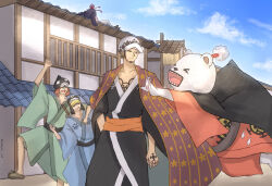  &gt;_&lt; 5boys ^_^ animal arm_tattoo bear bepo blue_kimono chest_tattoo chonmage closed_eyes clouds commentary_request donquixote_rocinante facial_hair goatee green_kimono haori hat highres hood hug japanese_clothes kimono multiple_boys on_roof one_piece orange_hair orange_sash outdoors penguin_(one_piece) sandals sash shachi_(one_piece) sharp_teeth sideburns tattoo teeth topknot trafalgar_law user_mztv4455 wide_sleeves 