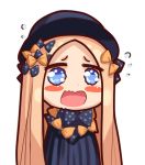  1girl abigail_williams_(fate/grand_order) bangs black_bow black_dress black_hat blonde_hair blue_eyes blush_stickers bow chibi dress fate/grand_order fate_(series) flying_sweatdrops hair_bow hat long_hair looking_at_viewer open_mouth orange_bow parted_bangs polka_dot polka_dot_bow pupupu_(1053378452) simple_background solo very_long_hair wavy_mouth white_background 