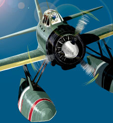  1boy aichi_e13a aircraft airplane blue_sky check_vehicle cockpit commentary_request floatplane flying helmet highres matsuda_juukou military_vehicle original pilot pilot_helmet propeller seaplane sky vehicle_focus vehicle_request 