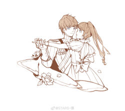  1boy 1girl back_bow bead_bracelet beads blue_eyes bow bracelet brown_hair brown_theme cape chinese_commentary closed_mouth collared_dress commentary_request cropped_torso dancing dress expressionless eyelashes flower frilled_sleeves frills gauntlets genderswap genderswap_(mtf) hair_beads hair_ornament high_collar highres holding_hands jacket jewelry loen_(shining_nikki) long_hair medal military_uniform monochrome nikki_(series) parted_lips petals puffy_short_sleeves puffy_sleeves ringlets rose rose_petals shining_nikki short_hair short_sleeves simple_background spot_color stars_zhangzhang striped_clothes striped_dress sweater turtleneck turtleneck_sweater twintails vertical-striped_clothes vertical-striped_dress vertical-striped_sleeves watermark weibo_watermark white_background 