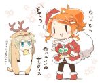 alternate_costume animal_costume antlers aquila_(kantai_collection) capelet christmas dress fur_trim gift graf_zeppelin_(kantai_collection) hair_ornament hairclip hat high_ponytail jacket kantai_collection long_hair merry_christmas orange_hair rebecca_(keinelove) red_dress red_jacket reindeer_costume sack santa_costume santa_hat translation_request 
