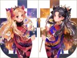  2girls :d black_bow black_hair blonde_hair bow closed_mouth commentary_request cowboy_shot crown earrings ereshkigal_(fate/grand_order) eyebrows_visible_through_hair fate/grand_order fate_(series) from_side fur_collar hair_bow holding ishtar_(fate/grand_order) japanese_clothes jewelry kimono long_hair long_sleeves looking_at_viewer looking_to_the_side multiple_girls obi open_mouth red_bow red_eyes sash shutsuri smile standing symmetry tohsaka_rin twintails wide_sleeves 