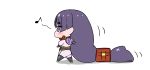 1girl absurdly_long_hair absurdres black_legwear blush bodysuit chibi commentary_request fate/grand_order fate_(series) from_side full_body highres long_hair low-tied_long_hair minamoto_no_raikou_(fate/grand_order) musical_note pelvic_curtain profile puffy_sleeves purple_hair rei_(rei_rr) simple_background solo spoken_musical_note standing thigh-highs very_long_hair violet_eyes walking white_background 