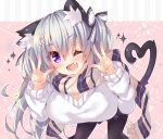  1girl ;d animal_ears bangs bent_over black_legwear blush cat_ears cat_girl cat_tail commentary_request double_v eyebrows_visible_through_hair fang hair_between_eyes head_tilt heart heart_tail highres looking_at_viewer one_eye_closed ooji_cha open_mouth original oziko_(ooji_cha) pantyhose plaid plaid_skirt pleated_skirt purple_skirt scarf side_ponytail silver_hair skirt smile solo sparkle sweater tail v violet_eyes white_sweater 