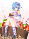  1girl alternate_costume bare_shoulders black_footwear blue_eyes blue_hair blush breasts cake candy candy_stick center_frills character_name closed_mouth convenient_leg copyright_name detached_sleeves dress eyebrows_visible_through_hair food fruit full_body gradient gradient_background hair_ornament hair_ribbon hairband heart holding holding_plate kiwi_slice kneehighs lolita_hairband long_sleeves looking_at_viewer medium_breasts mintchoco_(orange_shabette) plate purple_ribbon re:zero_kara_hajimeru_isekai_seikatsu rem_(re:zero) ribbon ribbon-trimmed_dress shoes short_dress short_hair sitting smile solo strawberry tareme thighs white_dress white_legwear x_hair_ornament 