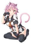  1girl ;p animal_ears bad_feet belt belt_buckle between_legs black_gloves black_legwear black_skirt breasts brown_eyes buckle cat_ears cat_tail ebifurya eyebrows_visible_through_hair full_body gloves hand_between_legs highres jacket kantai_collection kemonomimi_mode looking_at_viewer medium_breasts miniskirt neck_ribbon no_shoes one_eye_closed paw_pose pink_hair red_neckwear red_ribbon ribbon shiny shiny_hair short_sleeves side_slit simple_background sitting skindentation skirt solo tail tama_(kantai_collection) thigh-highs thighs tongue tongue_out v-shaped_eyebrows white_background white_jacket zettai_ryouiki 