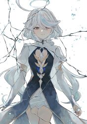  1girl absurdres ahoge blue_eyes blue_hair blue_nails commentary_request crack cracked_glass elbow_gloves furina_(genshin_impact) genshin_impact gloves halo highres jacket koumimi long_hair low_twintails multicolored_hair nail_polish open_mouth simple_background solo standing teeth twintails two-tone_hair very_long_hair water_drop water_halo white_background white_gloves white_hair 