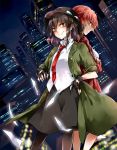  2girls back-to-back black_hair brown_eyes city cityscape coat crossed_arms fingerless_gloves gloves grin hand_on_hip hat kikuichi_monji long_hair looking_at_viewer multiple_girls necktie okazaki_yumemi red_eyes redhead short_hair skirt smile touhou usami_renko yellow_eyes 