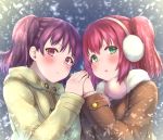  2girls bangs beige_coat blush brown_coat coat earmuffs fur-trimmed_coat fur_trim green_eyes hand_holding highres ichiban_no_yagi kazuno_leah kurosawa_ruby long_sleeves looking_at_viewer love_live! love_live!_sunshine!! multiple_girls parted_lips pom_pom_(clothes) purple_hair redhead snowing twintails two_side_up upper_body violet_eyes winter_clothes yuri 