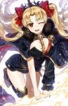  1girl bangs black_cape blonde_hair breasts cape commentary_request earrings ereshkigal_(fate/grand_order) fate/grand_order fate_(series) floating_hair fur-trimmed_cape fur_trim gijang hair_ribbon jewelry leg_up light_particles long_hair medium_breasts one_eye_closed open_mouth red_eyes red_ribbon ribbon simple_background single_sleeve skull solo tiara tohsaka_rin twintails white_background 