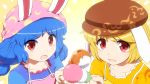  2girls :3 :d :o animal_ears apron bangs blonde_hair blue_dress blue_hair brown_hat commentary_request dango dress ears_through_headwear eyebrows_visible_through_hair food hat highres long_hair looking_at_viewer multiple_girls open_mouth orange_dress rabbit_ears red_eyes ringo_(touhou) seiran_(touhou) shirosato short_hair smile touhou twintails v-shaped_eyebrows wagashi 