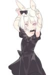  1girl :d animal_ears arms_up black_bow black_dress blade_(galaxist) blush bow bracelet bunny_pose bunny_tail commentary_request cowboy_shot dot_nose dress eyebrows_visible_through_hair hair_bow jewelry looking_at_viewer open_mouth pink_eyes pop-up_story rabbit_ears sash short_hair simple_background smile solo tail white_background white_hair 