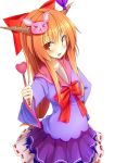  1girl blush bow brown_eyes collarbone cookie_(touhou) eyebrows_visible_through_hair hair_bow hair_ornament heart highres horns ibuki_suika long_hair looking_at_viewer open_mouth orange_hair purple_skirt red_bow skirt smile solo szk touhou yamin_(cookie) 