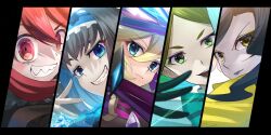  5girls aqua_eyes autoscorer black_hair blonde_hair blue_eyes blue_hair brown_hair carol_malus_dienheim close-up colored_inner_hair eyeshadow garie_tuman green_eyes green_hair grin hair_between_eyes highres leiur_darahim looking_at_viewer makeup micha_jawkan multicolored_hair multiple_girls nyanmaru phara_suyuf red_eyes red_hair senki_zesshou_symphogear sharp_teeth smile teeth v-shaped_eyebrows yellow_eyes 