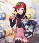  1girl :d alolan_vulpix bag black_hair black_legwear black_sweater blurry blurry_background braid bulbasaur cellphone character_doll charizard clefairy cosmog cowboy_shot depth_of_field diglett ditto duffel_bag eevee fang flat_cap hair_between_eyes hakusai_(tiahszld) hand_up hat headphones headphones_around_neck heart holding holding_poke_ball index_finger_raised indoors long_sleeves looking_at_viewer mew nail_polish open_mouth original oshawott outstretched_arm pantyhose phone pikachu pink_shorts poke_ball pokedex pokemon pyukumuku red_eyes red_hat red_nails revision rowlet short_hair shorts shoulder_bag side_braid single_braid sleeves_past_wrists smile solo star suspender_shorts suspenders sweater transparent triforce tsurime turtleneck turtleneck_sweater v-shaped_eyebrows water waterfall 