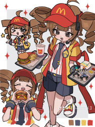  >_< 1girl :d ;d ^_^ ahoge alternate_hairstyle artist_name badge balancing_sasuke brown_hair burger button_badge chibi chibi_inset chicken_nuggets closed_eyes collared_shirt color_guide commentary_request cup disposable_cup dragon_ball dragon_ball_super drill_hair drink drinking_straw eating employee_uniform fast_food fast_food_uniform figure food french_fries grey_background grey_eyes grey_necktie grey_shorts grey_wrist_cuffs happi hat headset highres holding holding_burger holding_food holding_tray imadake_dabuchi_tabemi japanese_clothes leg_up light_blush long_hair mcdonald's mero_remo_sugoi multiple_views naruto_(series) naruto_shippuuden necktie one_eye_closed open_happi open_mouth product_placement red_hat red_stripes ribbed_socks shirt shoes short_shorts short_sleeves shorts simple_background smile socks sparkle sparkle_background standing standing_on_one_leg star_(symbol) striped_clothes striped_shirt super_saiyan super_saiyan_blue tie_clip tiktok_logo tray twin_drills two-handed uchiha_sasuke v-shaped_eyebrows vegeta vertical-striped_clothes vertical-striped_shirt visor_cap waitress white_shirt white_shoes white_socks wrist_cuffs yellow_happi 