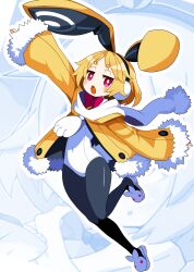  1girl absurdres animal_ears animal_slippers blonde_hair bunny_slippers commentary_request disgaea earmuffs full_body fur-trimmed_sleeves fur_trim highres igarashi_gozo jacket leotard looking_at_viewer makai_senki_disgaea_5 open_mouth pantyhose rabbit_ears scarf short_hair slippers smile solo usalia_(disgaea) violet_eyes 