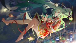  1girl absurdres aqua_hair barefoot blue_eyes bow bowtie commentary_request dress flying hair_between_eyes hatsune_miku heart highres holding holding_toy horns long_hair long_sleeves lonki looking_at_viewer moon nail_polish night night_sky no_pants pentagram red_bow red_bowtie red_dress red_nails sky solo star_(symbol) symbol-shaped_pupils toes tongue tongue_out town toy v very_long_hair vocaloid yellow_star 