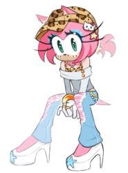  1girl alternate_costume amy_rose animal_ears animal_nose animal_print blue_eyeshadow blue_pants bra bracelet earrings eyeshadow full_body furry furry_female gloves gold_bracelet gold_necklace green_eyes grey_shirt hat hedgehog_girl hello_kitty_(character) high_heels jewelry leopard_print looking_at_viewer makeup mochimochili mole necklace off-shoulder_shirt off_shoulder pants pink_fur pink_hair ring shirt shoes short_tail simple_background sitting solo sonic_(series) tail torn_clothes torn_pants underwear white_background white_gloves white_shoes yellow_bra yellow_hat 