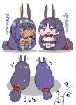  2girls :d ? absurdly_long_hair absurdres animal_ears chibi closed_mouth commentary_request dark_skin earrings facial_mark fate/grand_order fate_(series) hairband highres holding hoop_earrings jackal_ears jewelry jitome long_hair low-tied_long_hair medjed minamoto_no_raikou_(fate/grand_order) multiple_girls navel nitocris_(fate/grand_order) open_mouth pelvic_curtain puffy_sleeves purple_hair rei_(rei_rr) smile standing translation_request very_long_hair violet_eyes 