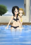  2girls :o akiyama_mio bikini black_bikini black_hair blush brown_hair deviantart grin k-on! long_hair looking_down partially_submerged pool short_hair sky tainaka_ritsu tree water xzdisturbedzx yellow_bikini 