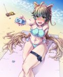  1girl absurdres ahoge animal_ears archer_of_red arm_support beach_towel bech bikini blonde_hair blush breasts cat_ears erect_nipples fang fate/apocrypha fate_(series) green_eyes green_hair hair_between_eyes highleg highleg_bikini highres long_hair medium_breasts navel ocean shikimisato shoreline solo swimsuit thigh_strap towel very_long_hair water 