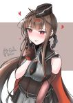  1girl ahoge arm_up bangs blunt_bangs blush braid breasts brown_eyes brown_gloves brown_hair cape collared corset cross dated dsr-50_(girls_frontline) elbow_glove elbow_gloves eyebrows_visible_through_hair flying_heart garrison_cap girls_frontline gloves hair_ornament hairclip hat heart heart-shaped_pupils highres index_finger_raised large_breasts long_hair looking_at_viewer mysteltainn necktie open_mouth pleated_skirt red_eyes sidelocks signature simple_background single_elbow_glove skirt smile solo symbol-shaped_pupils thigh-highs 