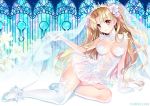  1girl alternate_costume ankle_ribbon arm_support artist_name bangs blonde_hair blue_footwear blush breasts bridal_veil carnelian cleavage cleavage_cutout dress earrings elbow_gloves ereshkigal_(fate/grand_order) eyebrows_visible_through_hair fate/grand_order fate_(series) flower full_body gloves groin hair_flower hair_ornament hand_up jewelry leaning_to_the_side long_hair looking_at_viewer medium_breasts no_panties parted_bangs parted_lips reclining red_eyes ribbon see-through shiny shiny_hair shoes sleeveless sleeveless_dress smile solo thigh-highs thighs tiara tohsaka_rin two_side_up veil very_long_hair white_dress white_gloves white_legwear white_ribbon 