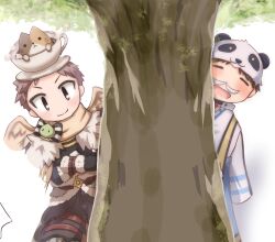  2boys arch_bishop_(ragnarok_online) black_hair black_pants black_shirt blue_coat brown_eyes brown_hair brown_scarf brown_wings cat closed_eyes closed_mouth coat commentary_request commission cowboy_shot cropped_jacket cup facial_hair fur_collar highres jacket kuma_king looking_at_viewer male_focus multiple_boys mustache official_alternate_costume open_mouth panda_hat pants ragnarok_online scarf shadow_chaser_(ragnarok_online) shirt short_bangs short_hair simple_background skeb_commission smile teacup transparent_background tree v-shaped_eyebrows white_jacket wings 