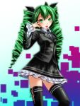  absurdres alternate_eye_color alternate_hair_color alternate_hairstyle drill_hair frilled_skirt frills green_eyes green_hair green_nails hair_between_eyes hand_to_own_face hatsune_miku highres himitsu_keisatsu_(vocaloid) jacket long_hair nail_polish open_mouth project_diva_(series) skirt thigh-highs tsukishiro_saika twin_drills vocaloid 