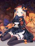  1girl :o abigail_williams_(fate/grand_order) bangs black_bow black_dress black_footwear black_hat black_legwear blonde_hair bloomers blue_eyes blush bow butterfly cup dress fate/grand_order fate_(series) forehead full_body hair_bow hat head_tilt hmniao holding_saucer long_hair long_sleeves looking_at_viewer mary_janes object_hug orange_bow parted_bangs parted_lips polka_dot polka_dot_bow saucer shoes sitting sleeves_past_wrists solo spoon stuffed_animal stuffed_toy teacup teddy_bear thigh-highs underwear very_long_hair wariza white_bloomers 