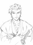  1boy crossed_arms gindoro highres japanese_clothes male_focus original patissier_(gindoro) simple_background sketch solo sword weapon white_background 