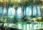  commentary_request creature day forest grass light_particles manino_(mofuritaionaka) nature no_humans original outdoors reflection river scenery tree water_surface 