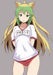  absurdres ahoge alternate_costume animal_ears archer_of_red arms_behind_back blonde_hair buruma cat_ears contrapposto cowboy_shot fate/apocrypha fate_(series) gluteal_fold green_eyes green_hair grey_background highres long_hair mitchi multicolored_hair sweatdrop thighs 