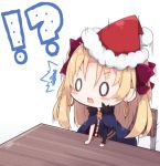  !? /\/\/\ 0_0 1girl arm_support bangs beni_shake blonde_hair blue_cape blue_dress blush_stickers bow cape chair chibi commentary_request dress ereshkigal_(fate/grand_order) eyebrows_visible_through_hair fate/grand_order fate_(series) fur-trimmed_cape fur-trimmed_hat fur_trim hair_between_eyes hair_bow hat long_hair long_sleeves lowres purple_bow red_hat santa_hat single_sleeve skull solo table tohsaka_rin two_side_up v-shaped_eyebrows white_background 