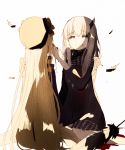  2girls abigail_williams_(fate/grand_order) bags_under_eyes black_bow black_dress black_hat blonde_hair blood blood_from_mouth bow closed_eyes closed_mouth commentary_request dress eeu_(musuka73) facing_away fate/grand_order fate_(series) feathers hat horn lavinia_whateley_(fate/grand_order) long_hair long_sleeves multiple_girls nail_polish orange_bow polka_dot polka_dot_bow red_nails simple_background sitting smile very_long_hair wariza white_background white_hair 