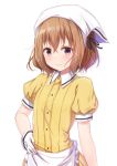  1girl apron blend_s breasts brown_hair dress eyebrows_visible_through_hair gloves half-closed_eyes hand_on_hip hoshikawa_mafuyu looking_to_the_side maid maid_headdress matokechi puffy_sleeves short_hair simple_background small_breasts solo violet_eyes waitress white_background 