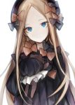  1girl abigail_williams_(fate/grand_order) bangs black_bow black_dress black_hat blonde_hair blue_eyes bow butterfly closed_mouth commentary_request dress fate/grand_order fate_(series) forehead hair_bow hasunokaeru hat head_tilt holding holding_stuffed_animal long_sleeves looking_at_viewer orange_bow parted_bangs polka_dot polka_dot_bow simple_background sleeves_past_wrists solo stuffed_animal stuffed_toy teddy_bear white_background 