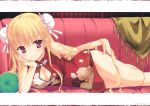  1girl absurdres bangs blonde_hair blush breasts chin_rest china_dress chinese_clothes cleavage couch double_bun dress eyebrows_visible_through_hair floral_print hidan_no_aria highres indoors kobuichi long_hair looking_at_viewer lying medium_breasts mine_riko official_art on_side pillow red_eyes scan smile solo translation_request very_long_hair 