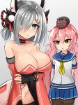  2girls anchor_symbol animal_ears arms_behind_back azur_lane blue_eyes blush breasts closed_mouth collarbone cosplay costume_switch cowboy_shot embarrassed fake_animal_ears grey_background grey_hair hair_ornament hair_over_one_eye hairclip hamakaze_(azur_lane) hamakaze_(azur_lane)_(cosplay) hamakaze_(kantai_collection) japanese_clothes kantai_collection kimono large_breasts looking_at_viewer midriff multiple_girls navel pantyhose pink_hair sailor_collar school_uniform short_hair silver_hair simple_background sin_(kami148) stomach twintails yellow_eyes 