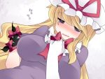  1girl blonde_hair blush bow commentary_request dress elbow_gloves gap gloves hammer_(sunset_beach) hat long_hair mob_cap open_mouth purple_dress ribbon solo touhou upper_body violet_eyes white_gloves yakumo_yukari 