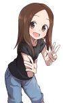  1girl :d \||/ black_shirt brown_eyes brown_hair commentary gazacy_(dai) highres karakai_jouzu_no_takagi-san long_hair looking_at_viewer open_mouth shirt shorts simple_background smile solo t-shirt takagi-san w white_background 