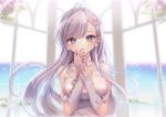  1girl alternate_costume azur_lane bangs bare_shoulders belfast_(azur_lane) blurry blurry_background blush bow braid breasts broken broken_chain chains choker cleavage collarbone commentary_request dress earrings eyebrows_visible_through_hair eyelashes french_braid glint gloves hand_on_own_face happy_tears jewelry long_hair looking_at_viewer own_hands_together parted_lips ring silver_hair single_braid sleeveless sleeveless_dress swept_bangs tearing_up tears tiara tsukigami_runa upper_body violet_eyes wedding_band wedding_dress white_bow white_dress white_gloves window 